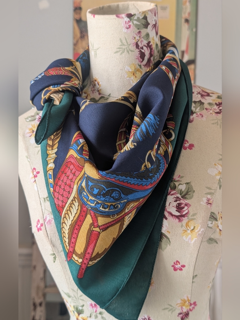 OLGA Greco Printed Scarf in Navy, Emerald & Gold - Picture 1 of 10